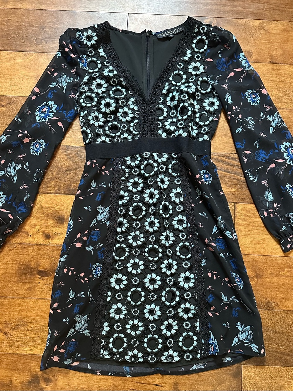 Little Mistress Black Floral Lace-Panel Long Sleeve Dress